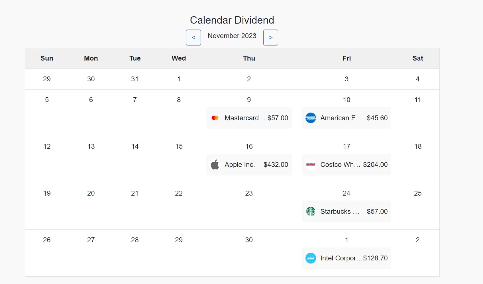 Screenshot of interactive dividend calendar showing key investment dates