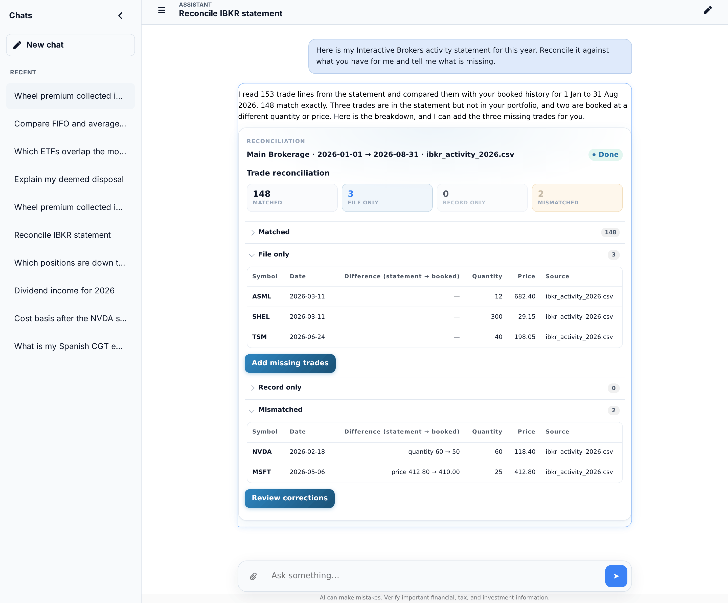 A reconciliation result in the assistant thread, with a count per category and buttons to add whatever is absent