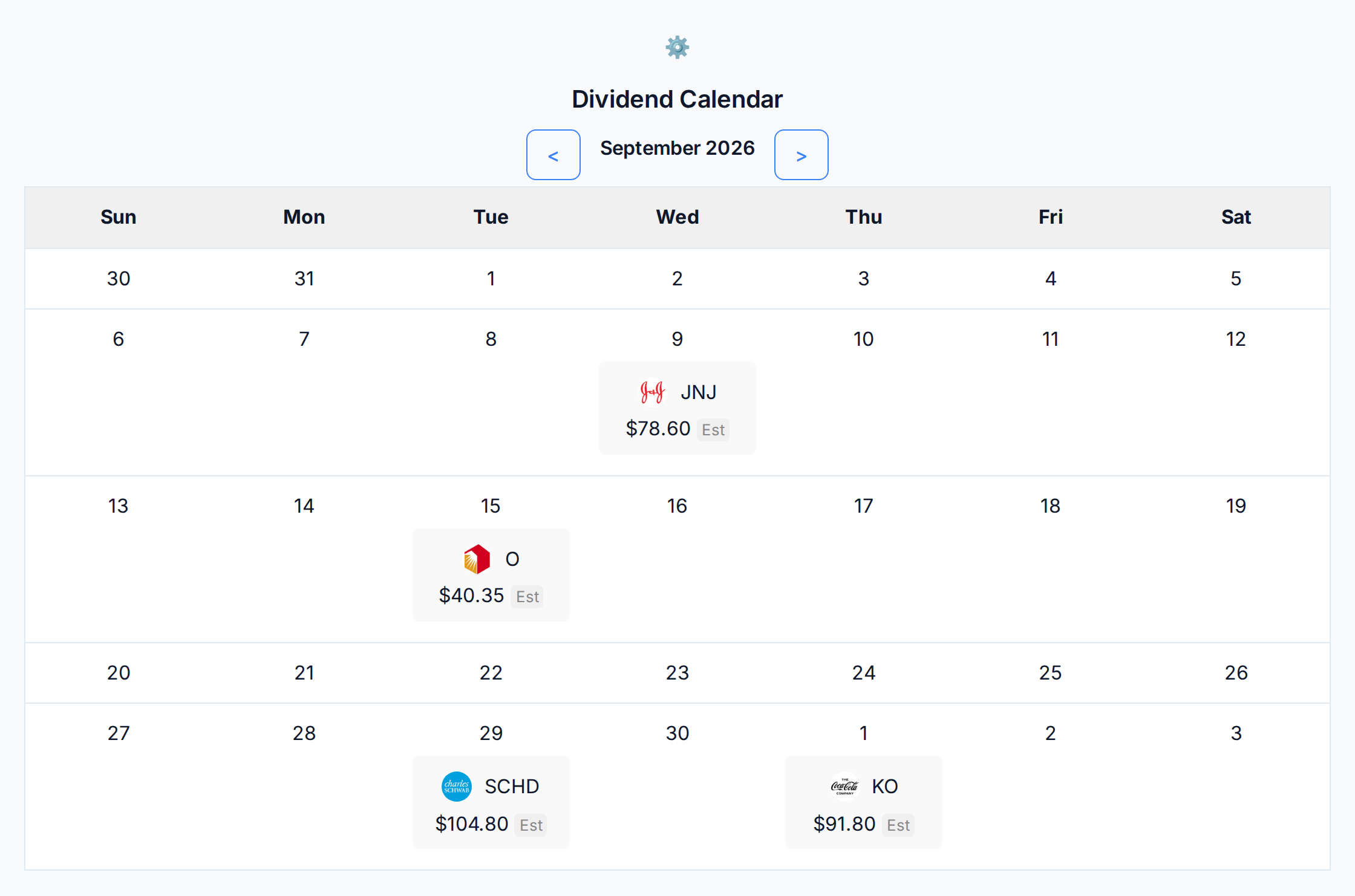 Dividend calendar showing upcoming payments placed on their pay dates