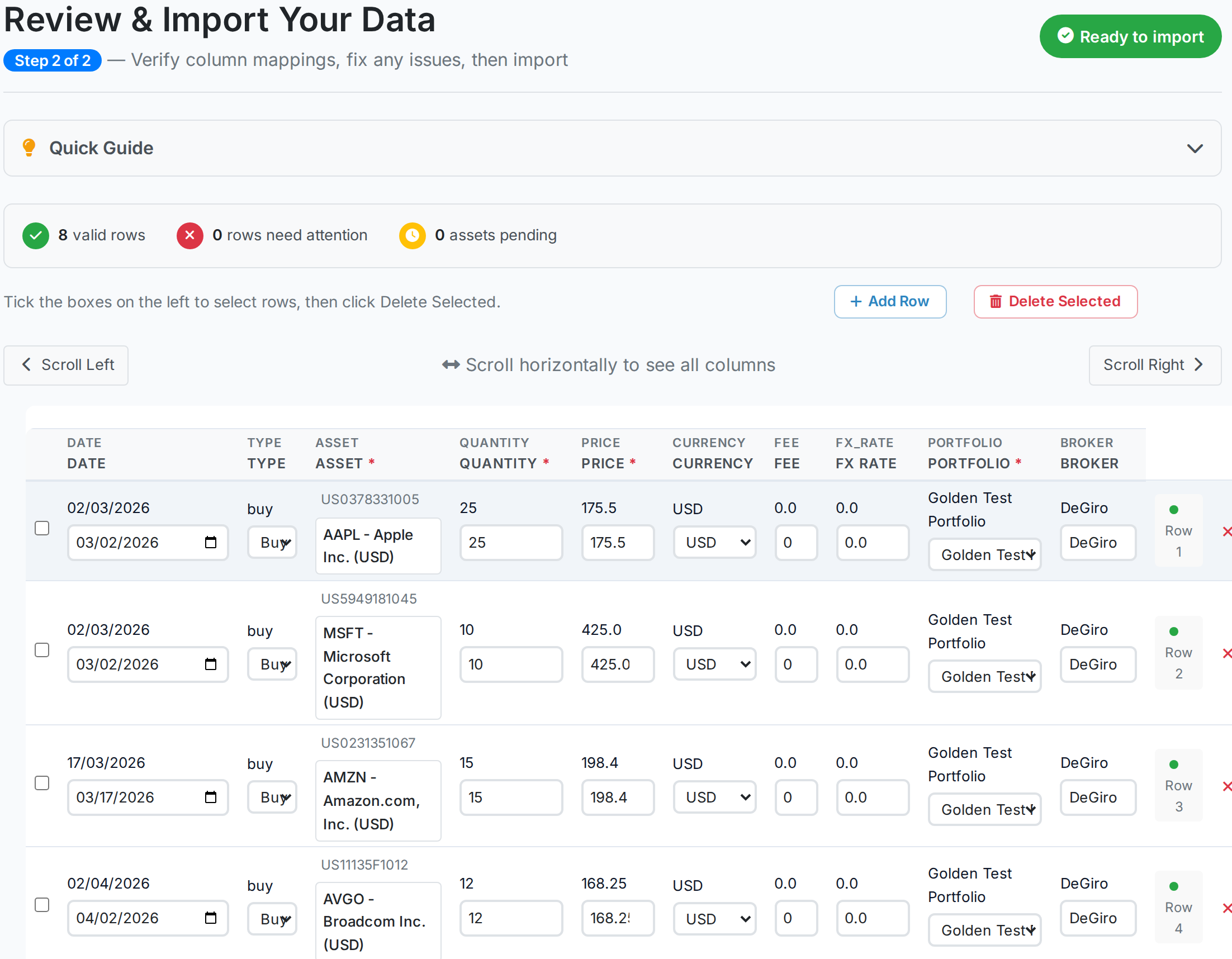 Imported history with every instrument resolved