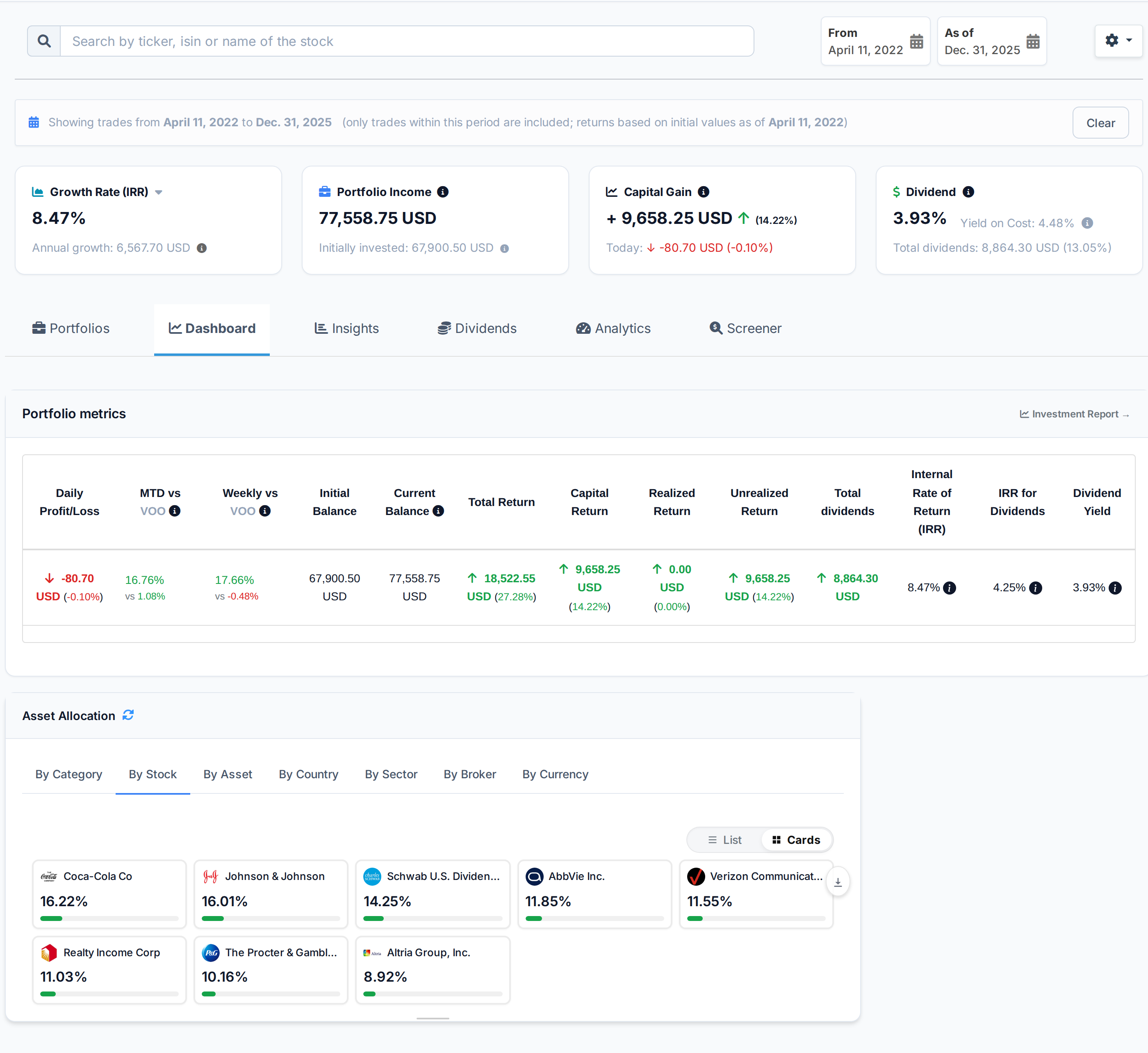 A portfolio dashboard with the as of date control, balances, total return and IRR