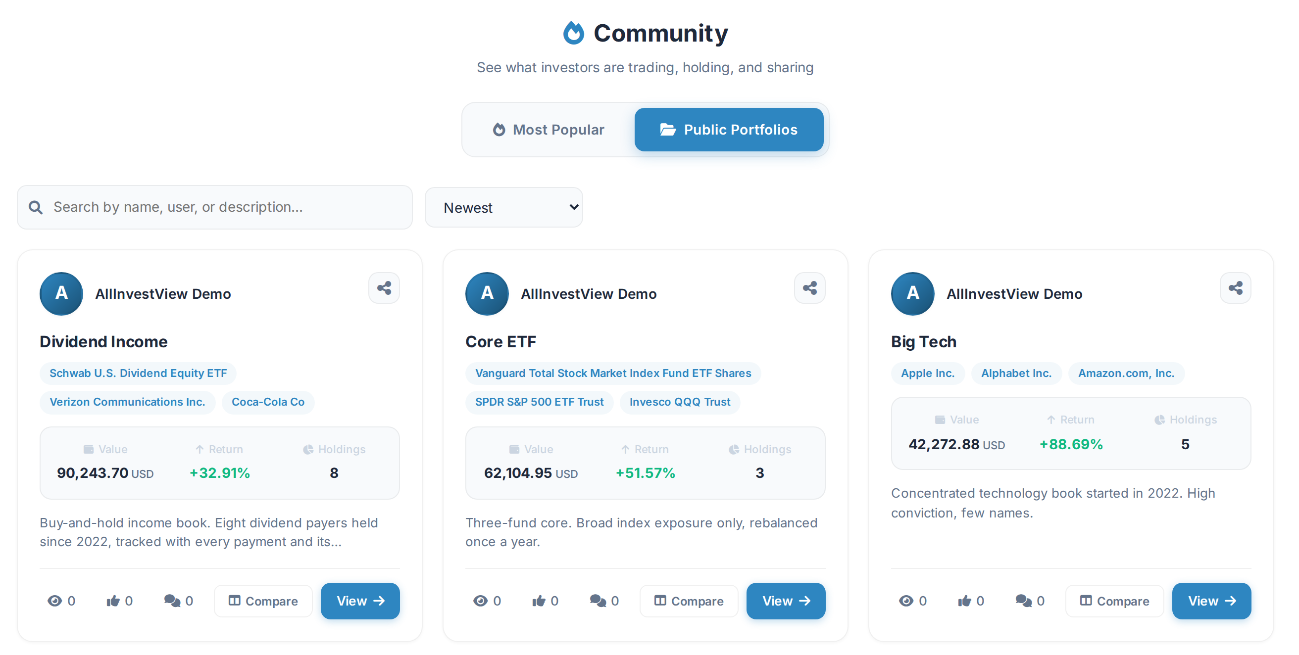 The Community page listing three published portfolios, each card showing the author, its top holdings, its value, return and holding count