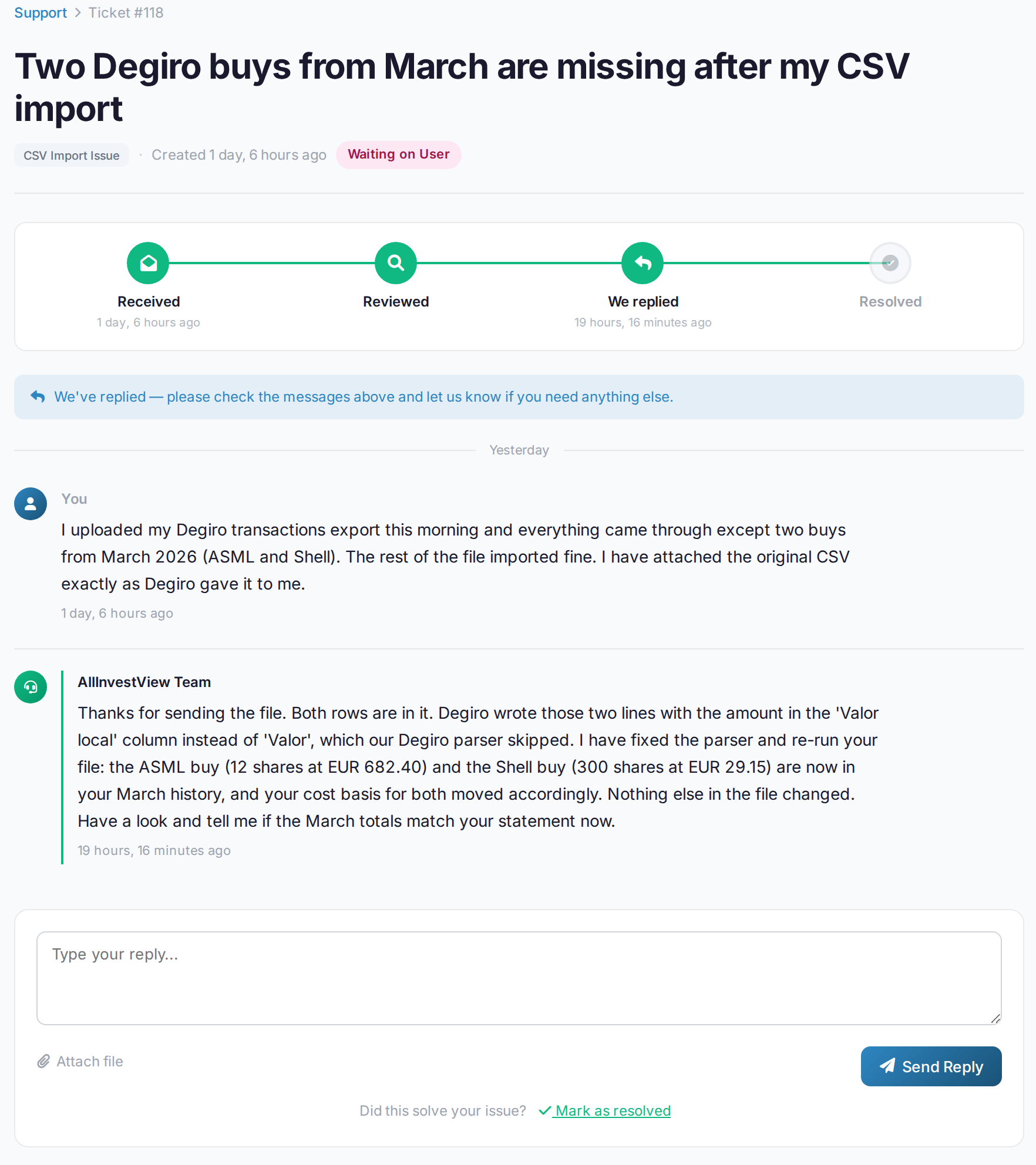 An in-app support ticket thread with a reply from the team