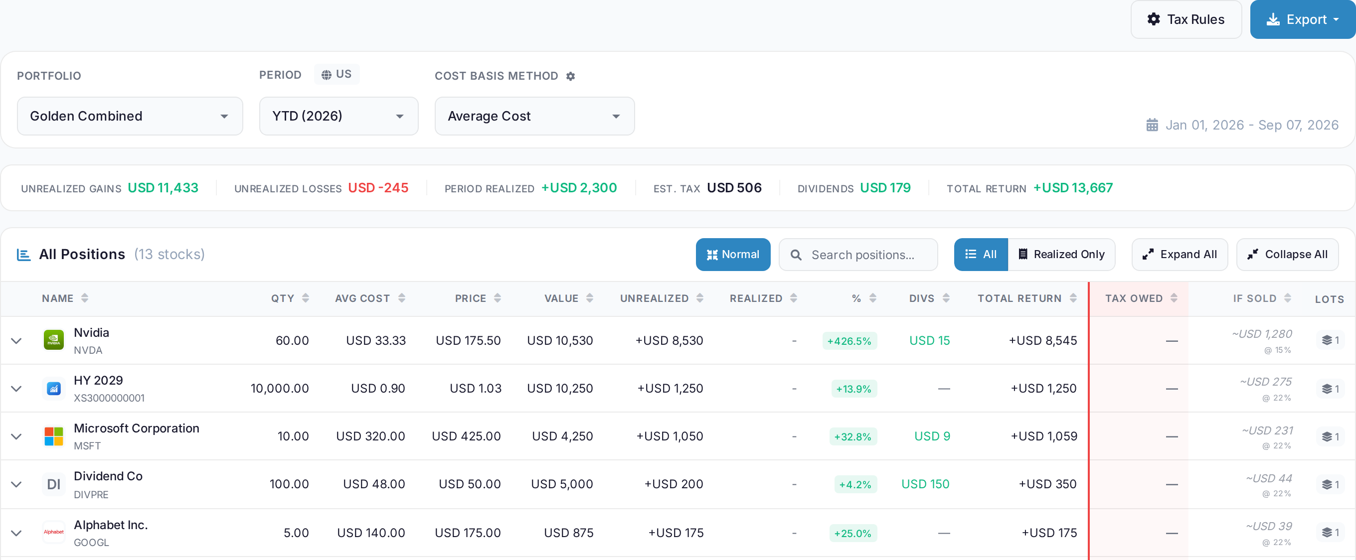 Tax report with the jurisdiction pill and the cost basis method selector above the position list