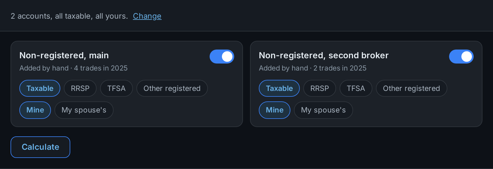 Account scope panel for Canada with taxable, RRSP, TFSA and registered plan chips on each account card