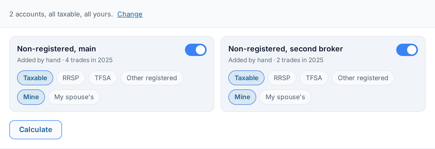 Account scope panel for Canada with taxable, RRSP, TFSA and registered plan chips on each account card