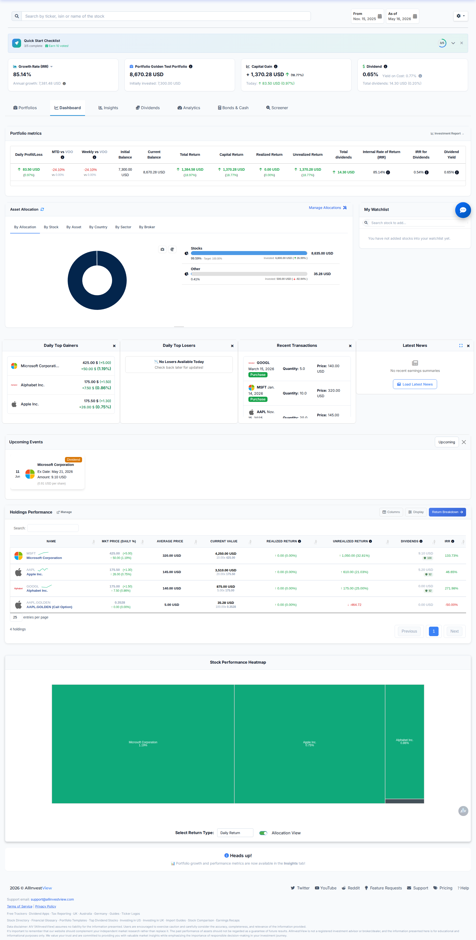 Portfolio dashboard with asset allocation, holdings performance, and recent transactions