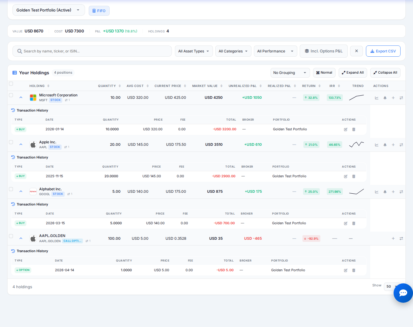 Per-holding FIFO lot table showing matched buys and sells