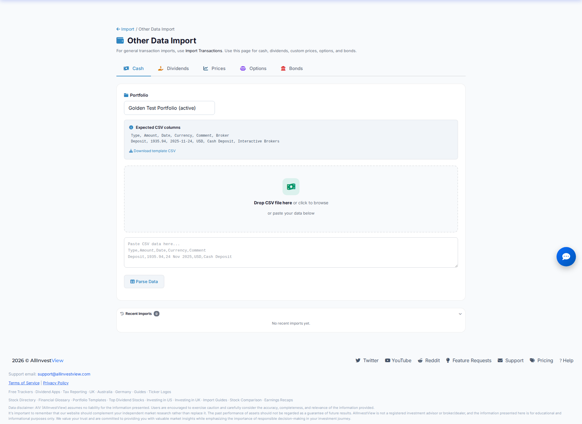 CSV import with smart column detection for any broker format