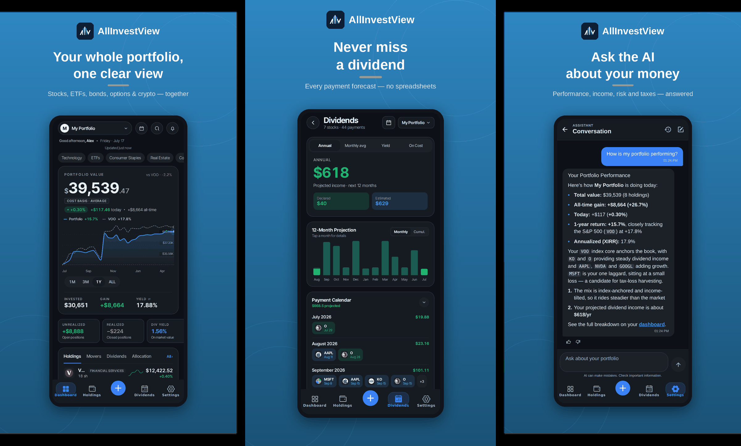 AllInvestView mobile app screens