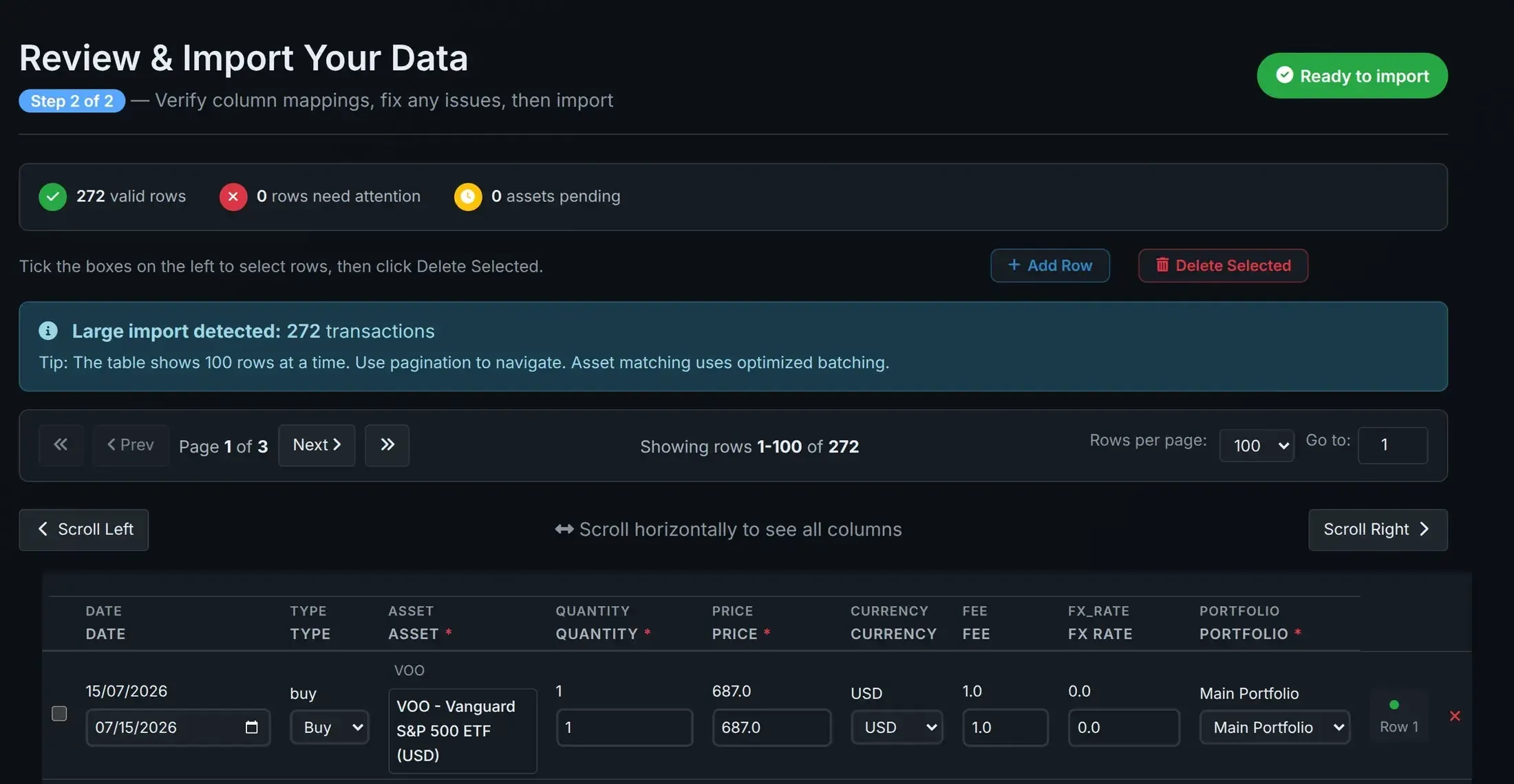 Import confirmation screen listing detected investment transactions with symbol, date, quantity and price for review before saving